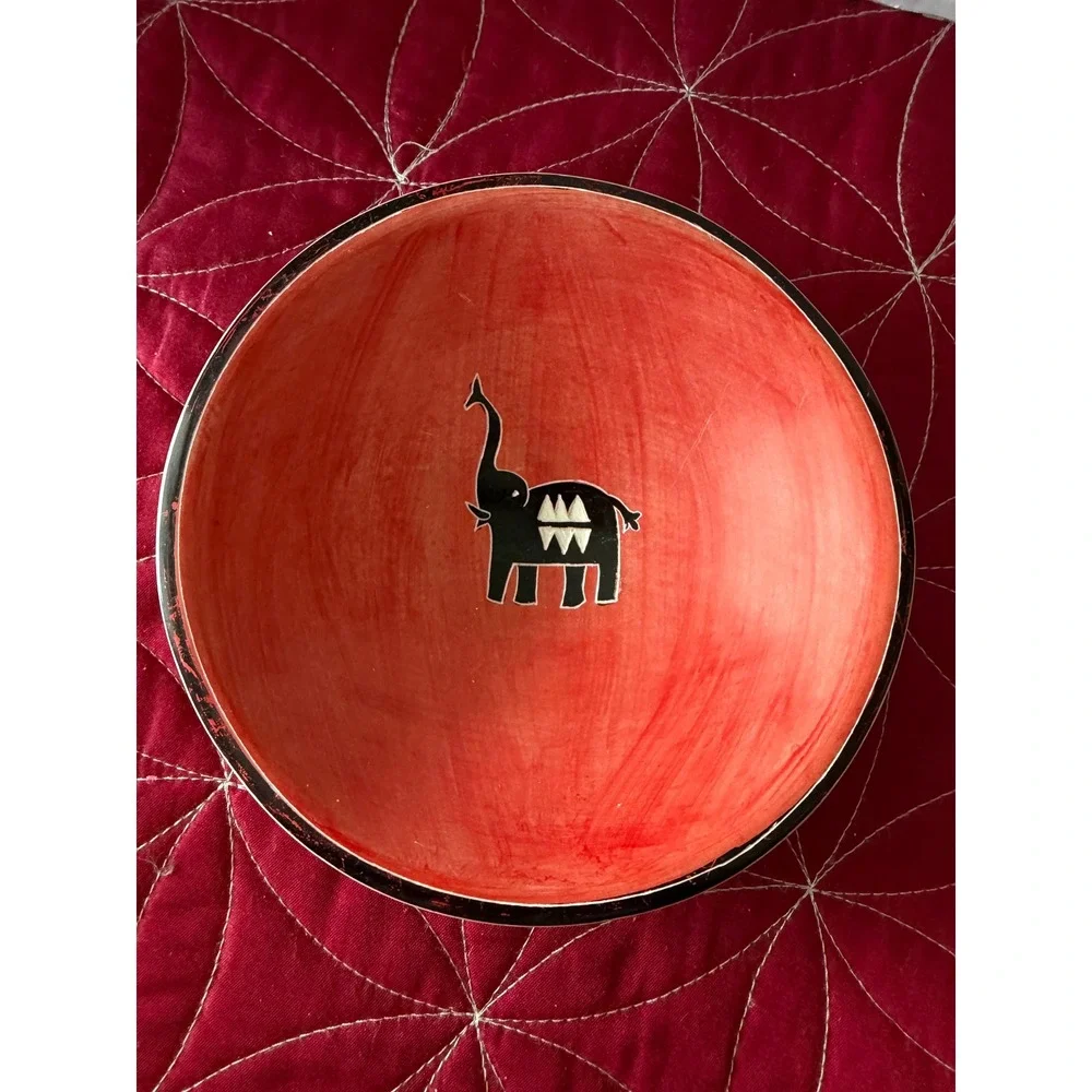 Handmade Kenya Soapstone Bowl Red Elephant Hand Painted African Folk Art 6 Inch